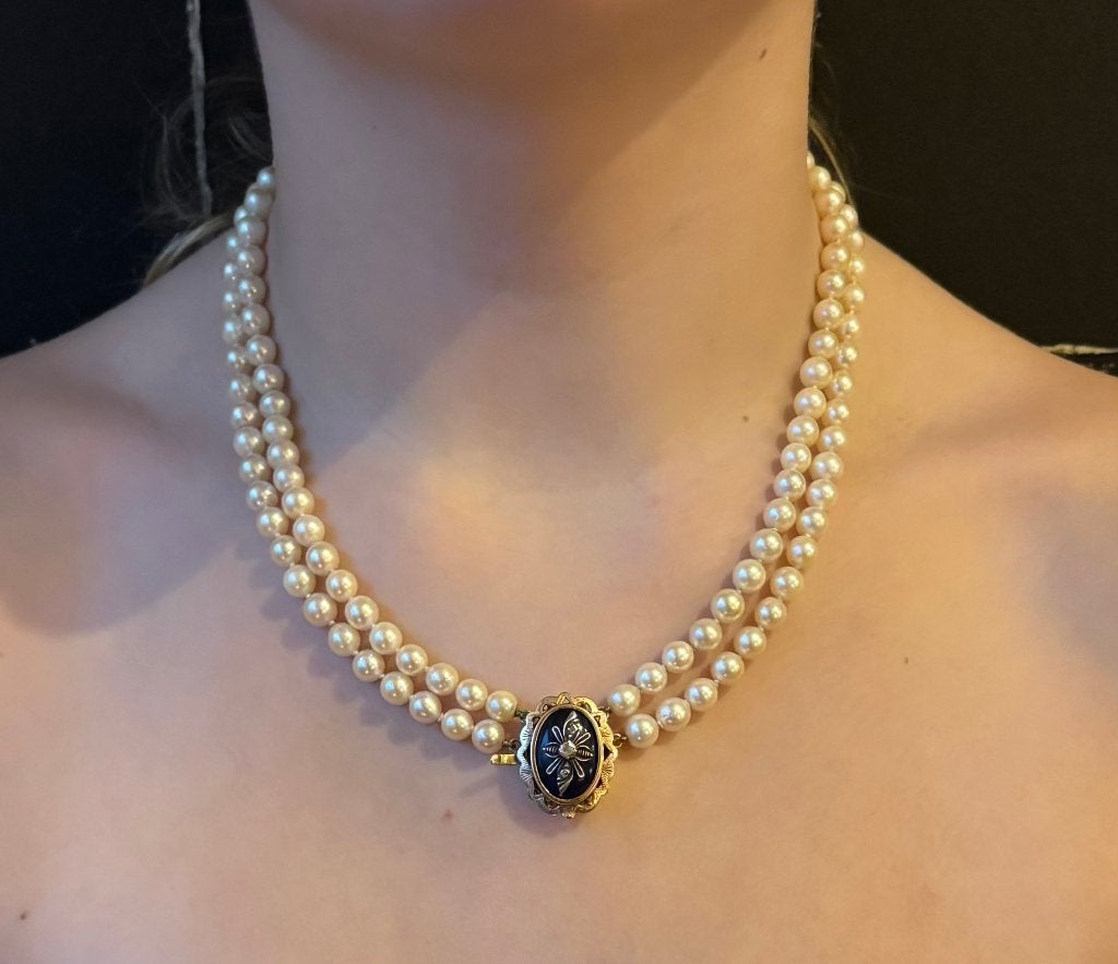 Parel ketting diamant blauw glas zeer fraai ketting 14k goud, Verzenden, Goud, Ketting, Met edelsteen