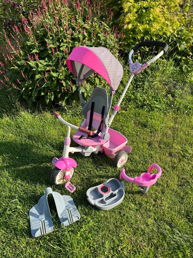 Roze driewieler met duwstang en zonnekap, Ophalen, Gebruikt, Duwstang