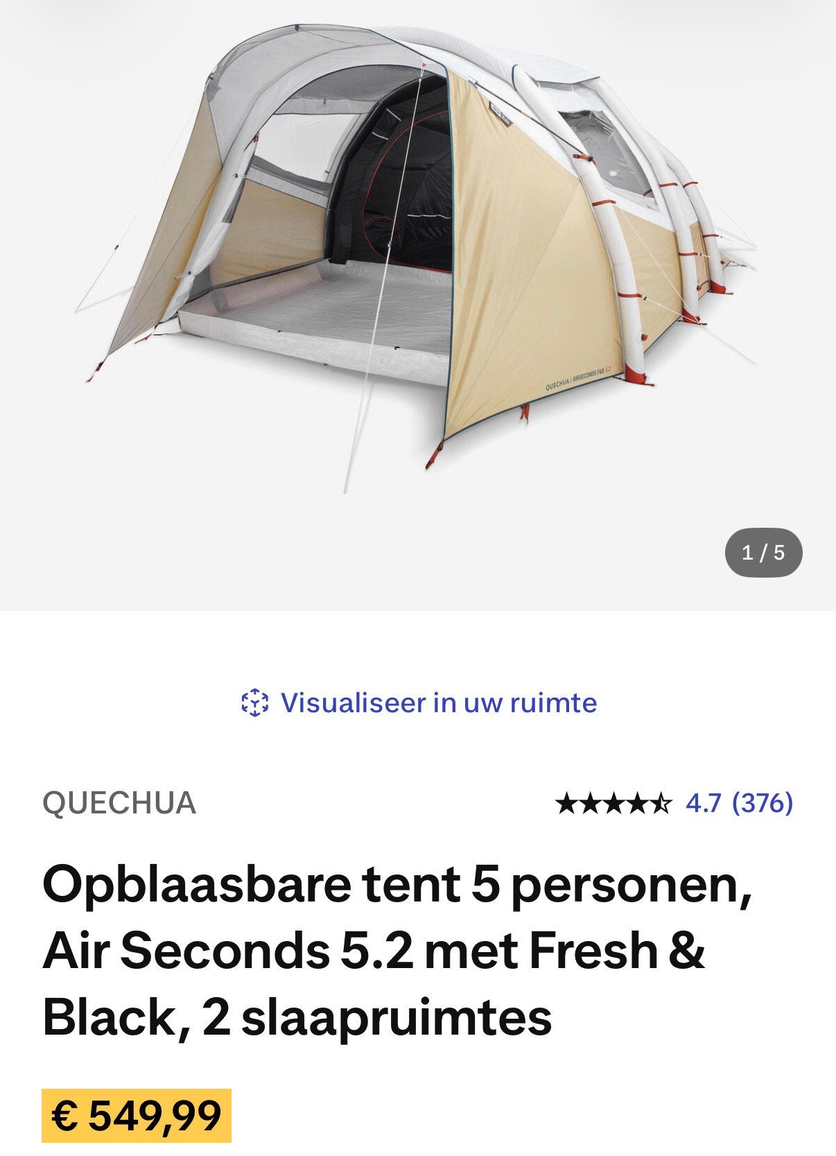 Quechua 5P opblaasbare tent, Caravans en Kamperen, Ophalen of Verzenden, Zo goed als nieuw, Tot en met 5