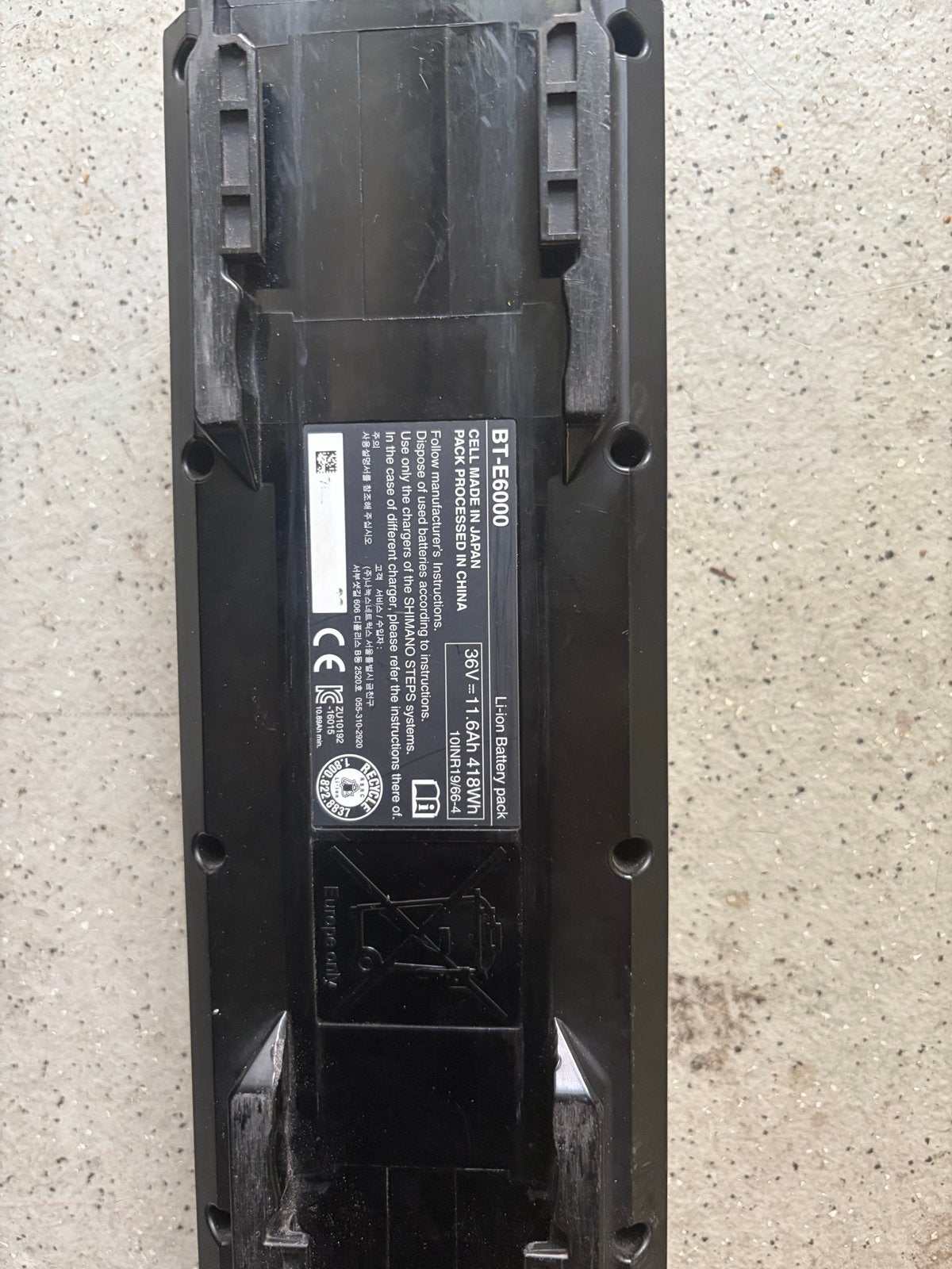 Shimano BT-E6000 E-bike accu 36V 11.6Ah 418Wh, Ophalen of Verzenden, Gebruikt