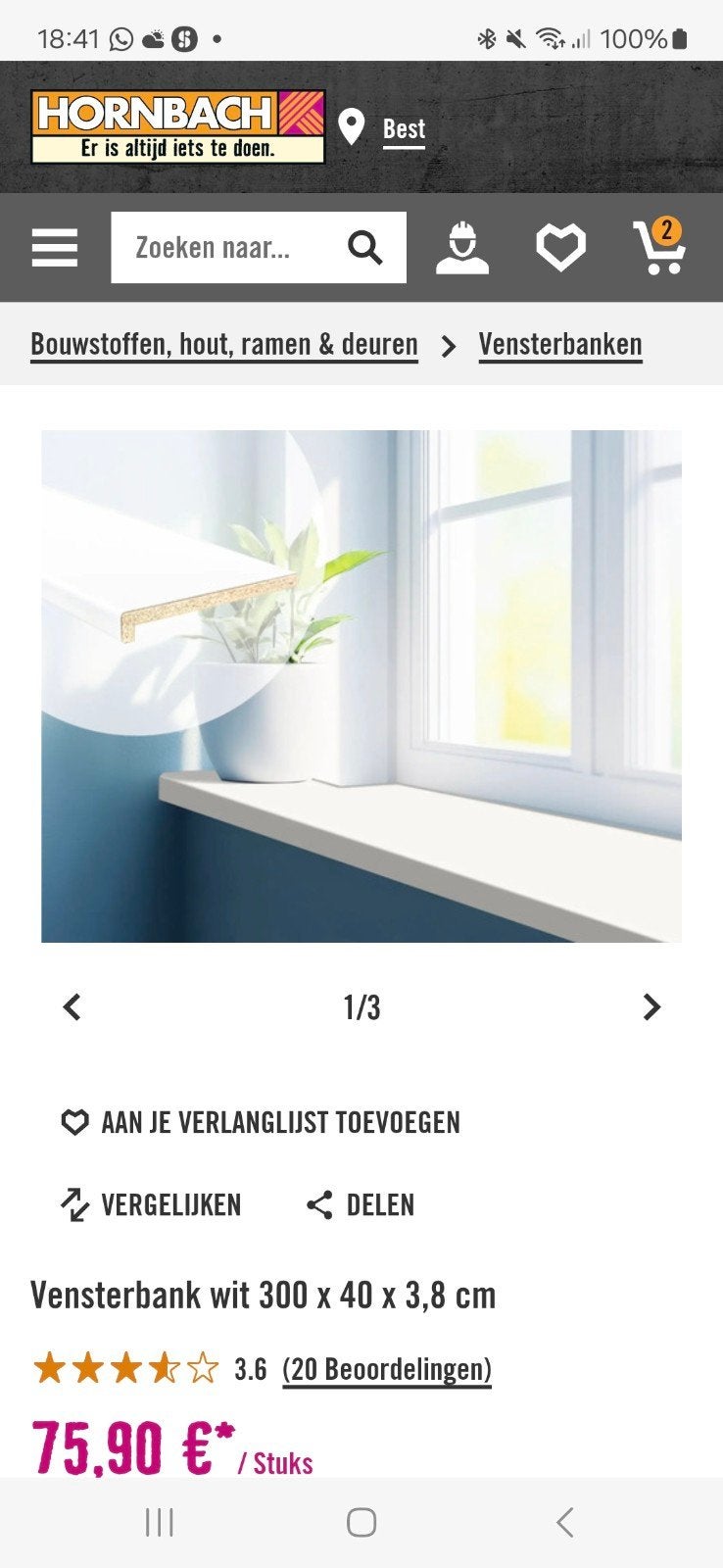 Nieuwe vensterbank wit 124 x 40 x 3,8 cm, Ophalen, Minder dan 80 cm, Overige typen, Nieuw