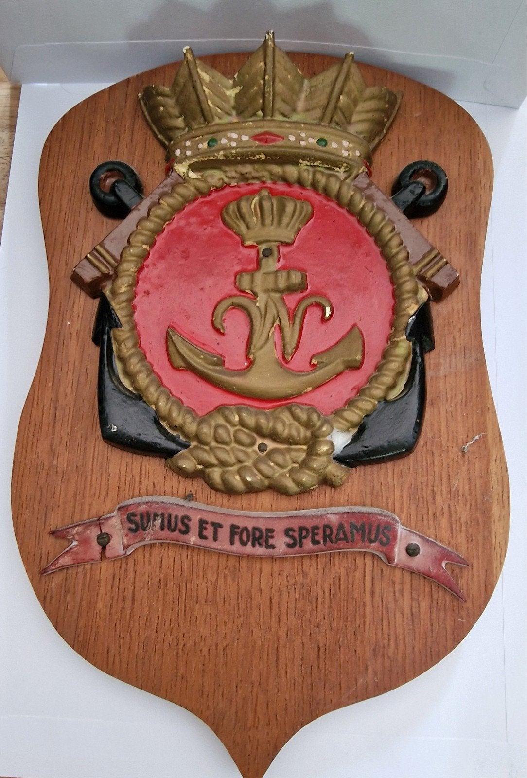 Vintage houten wapenschild met maritiem embleem, Ophalen of Verzenden