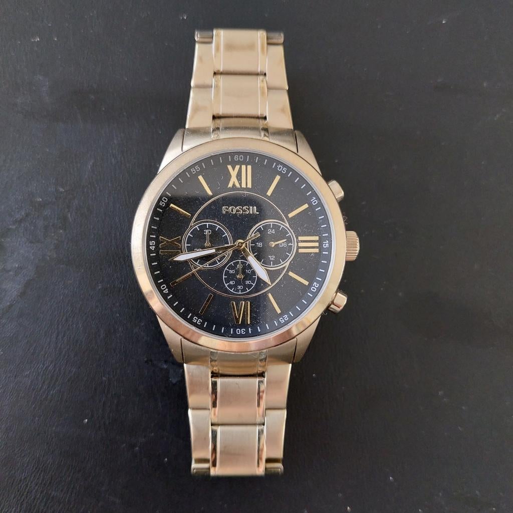Fossil Herenhorloge Goudkleurig met Zwarte Wijzerplaat, Ophalen, Gebruikt, Staal, Overige merken