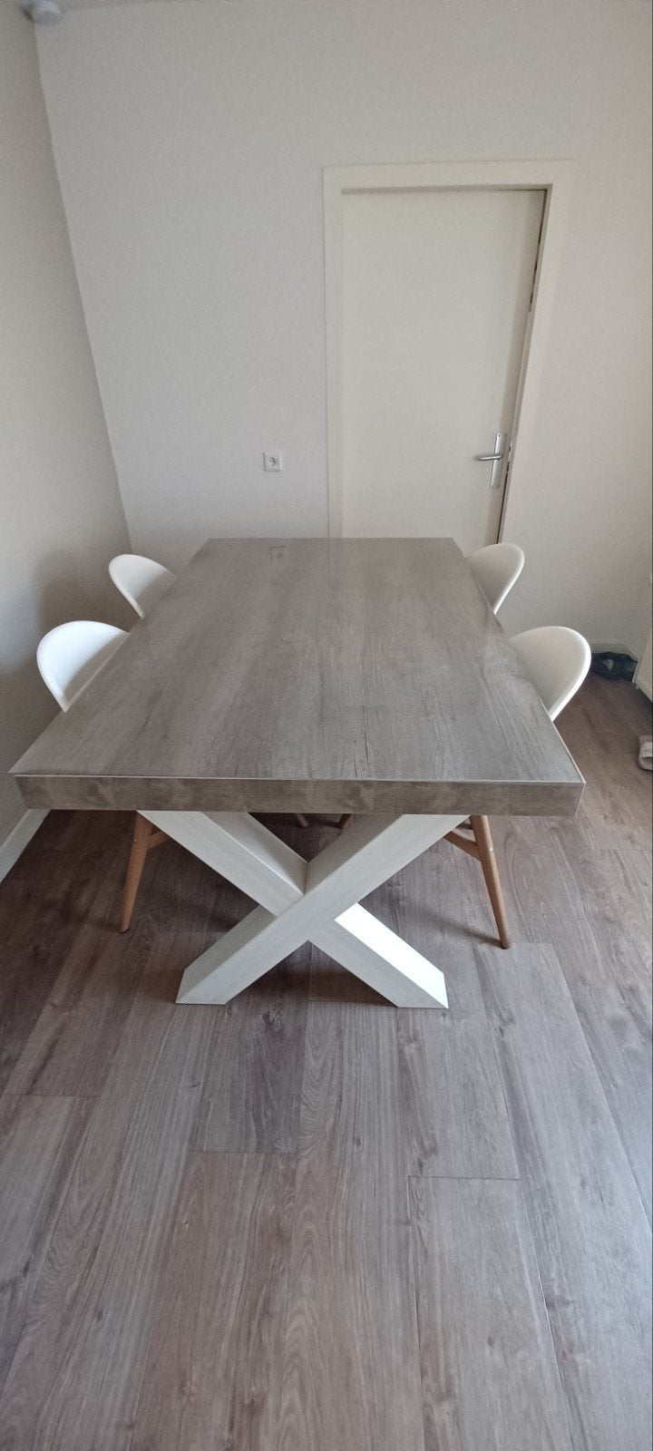 Moderne eettafel met X-poot en 4 stoelen, Ophalen, Gebruikt, 50 tot 100 cm, 150 tot 200 cm