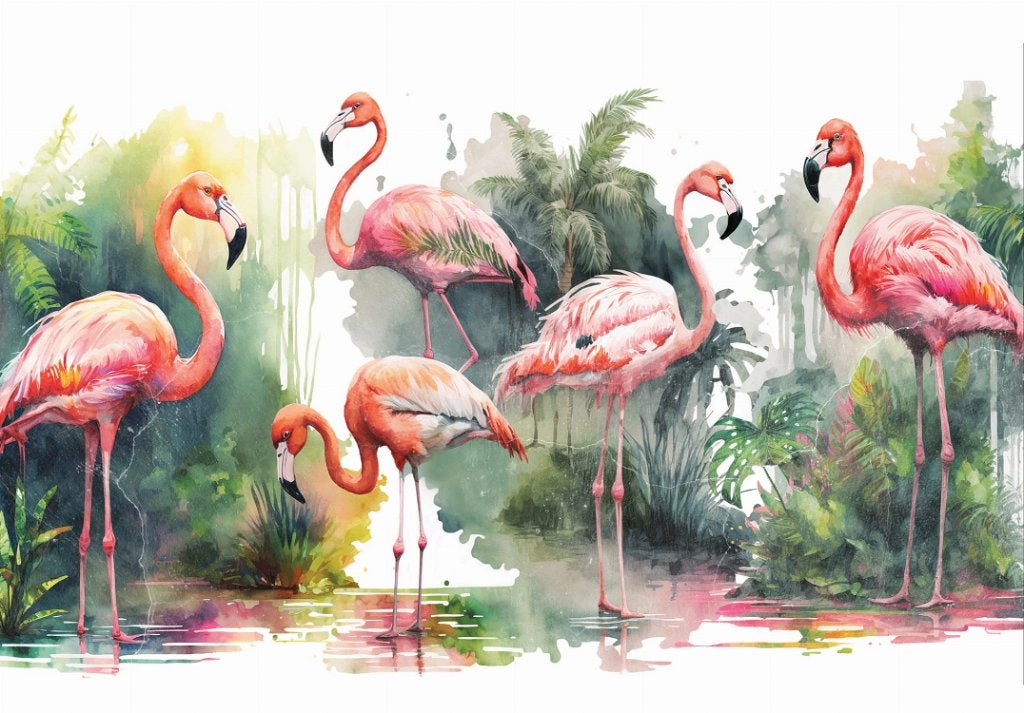 Aquarel fotobehang Flamingo's, vogelbehang, Muurdeco4kids, Verzenden, Minder dan 10 m², Vogel, Flamingo,