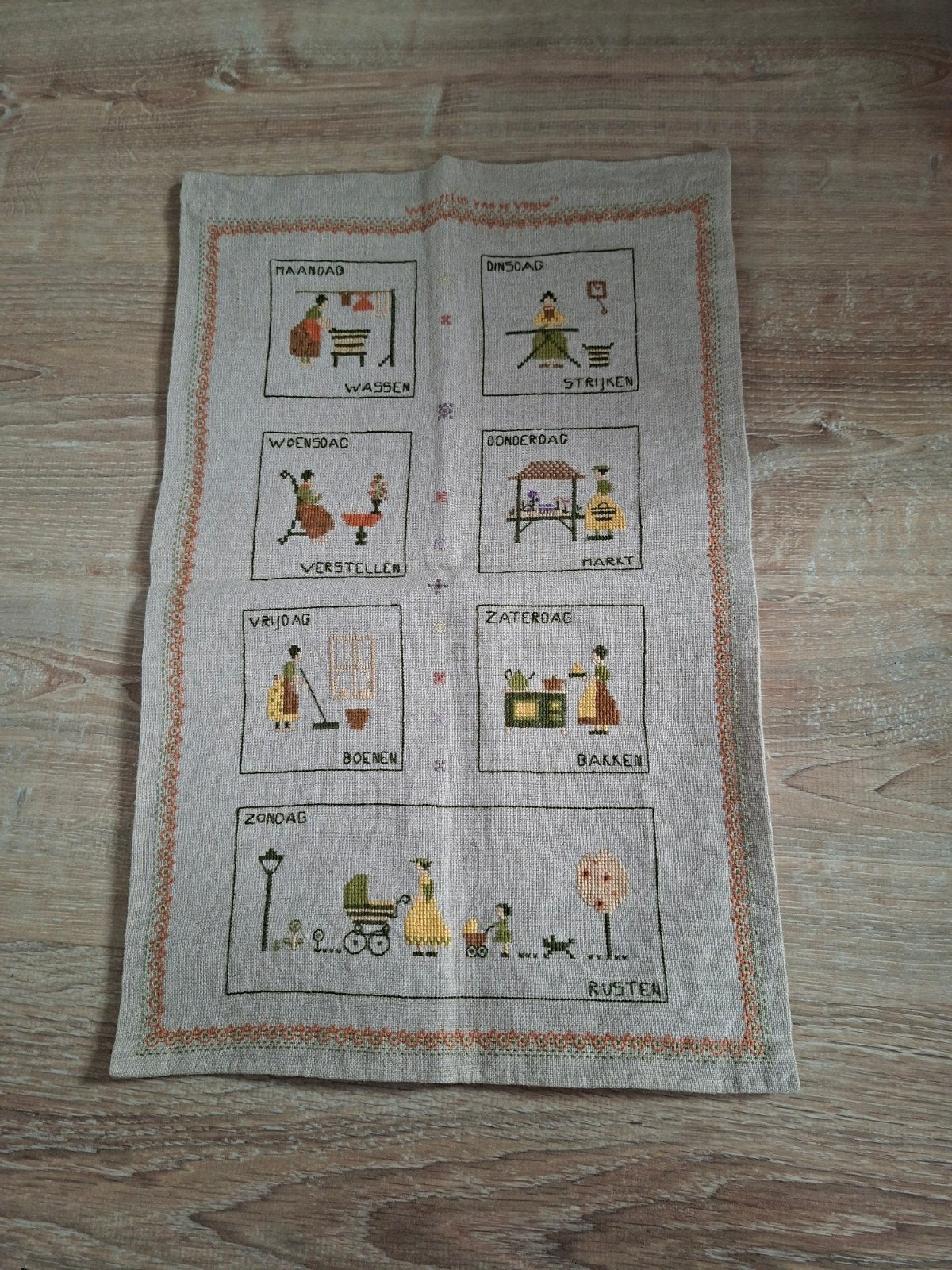 Vintage geborduurd wandkleed 'De Dagen van de Week', Ophalen of Verzenden