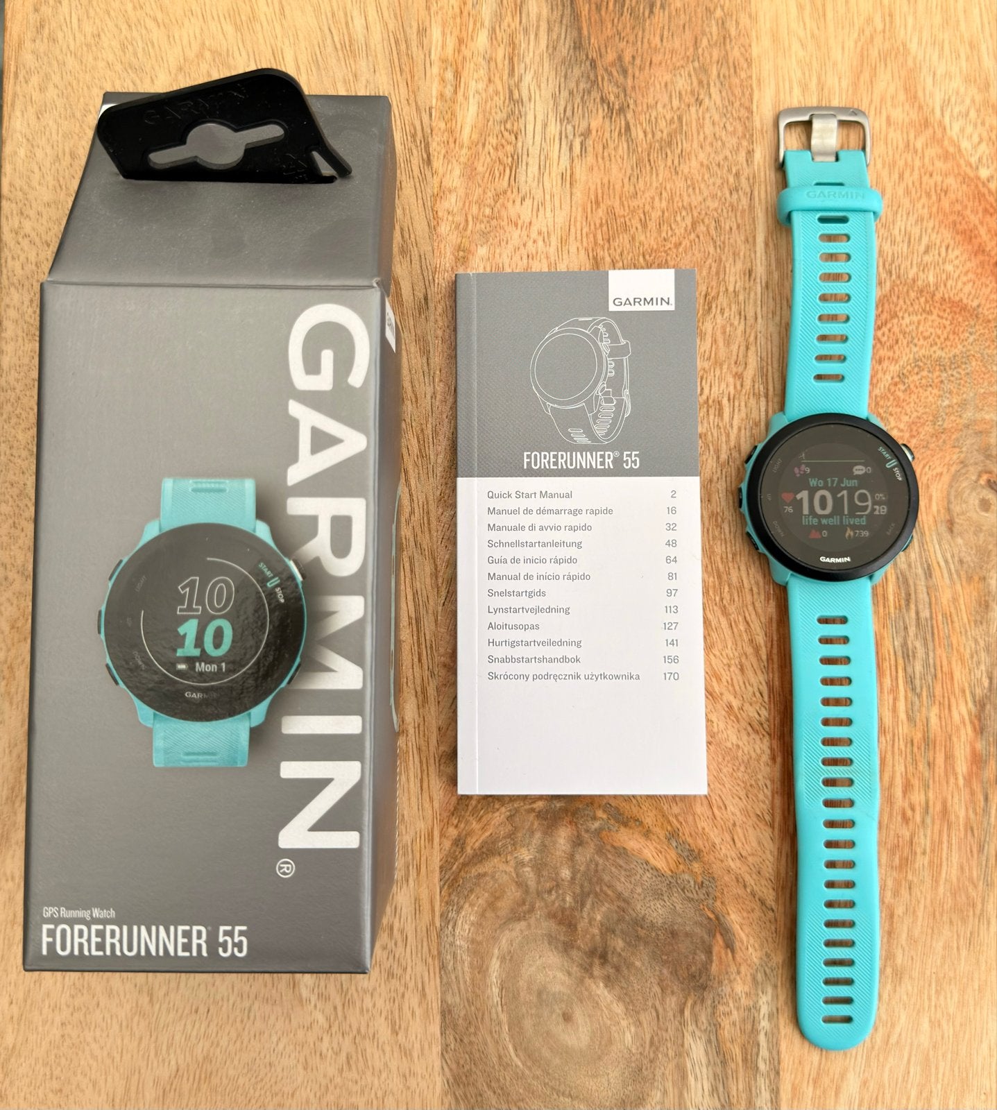 Garmin Forerunner 55 GPS Hardloophorloge - Aqua, Sieraden, Tassen en Uiterlijk, Sporthorloges, Blauw, Ophalen of Verzenden, Zo goed als nieuw