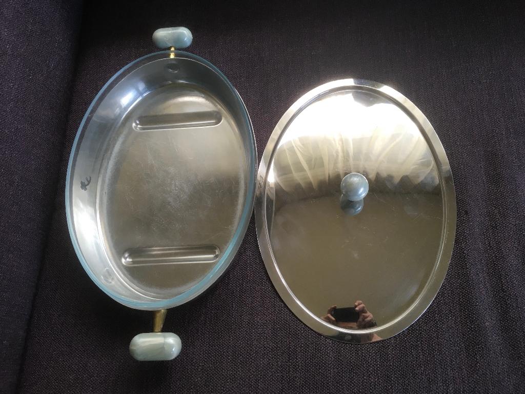 Alessi ovenschaal glas met RVS huls, Zilver, Ophalen of Verzenden, Overige typen, Gebruikt