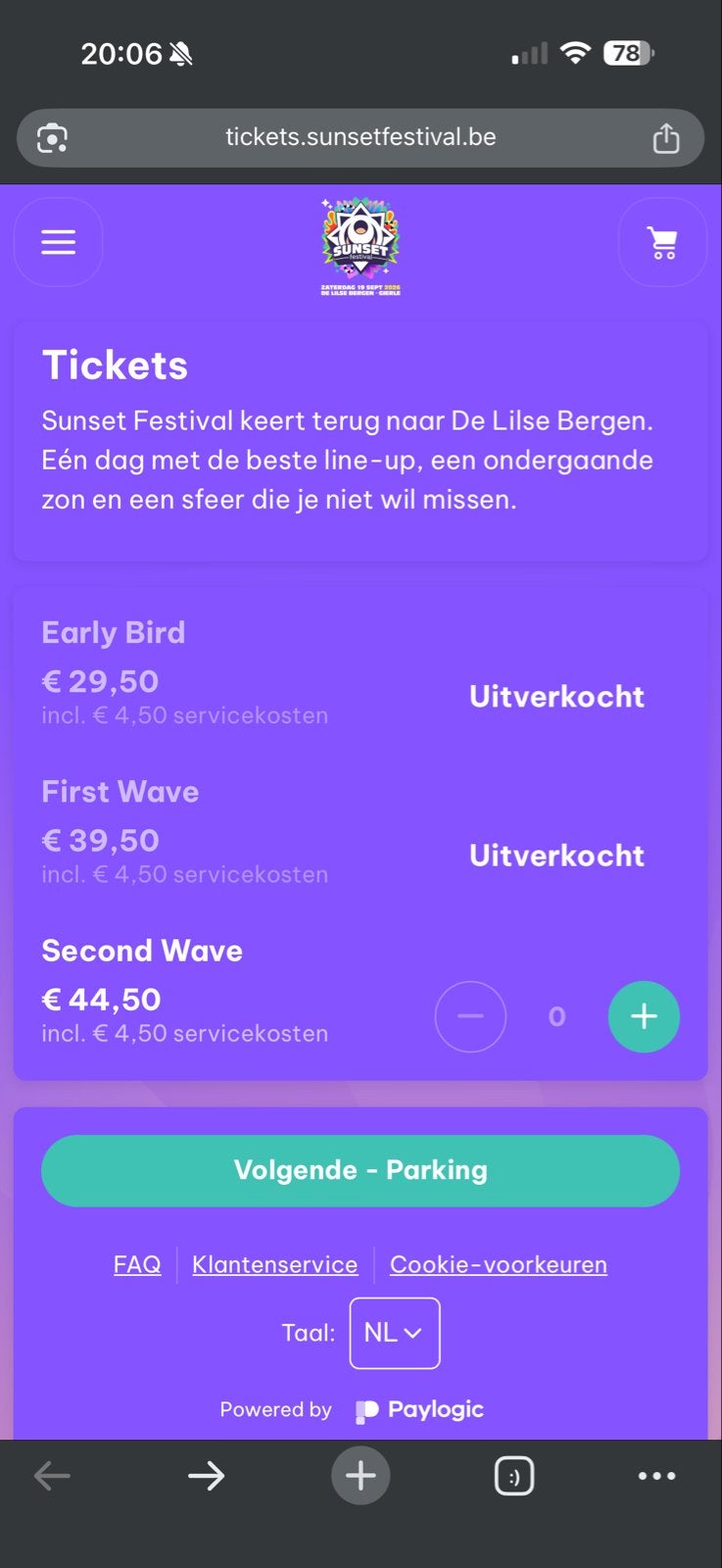 Kaartje voor sunset festival 2026, Eén persoon