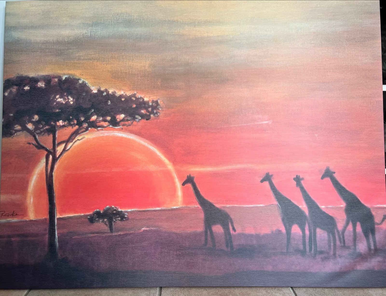 Schilderij Afrikaanse zonsondergang met giraffen, Ophalen of Verzenden