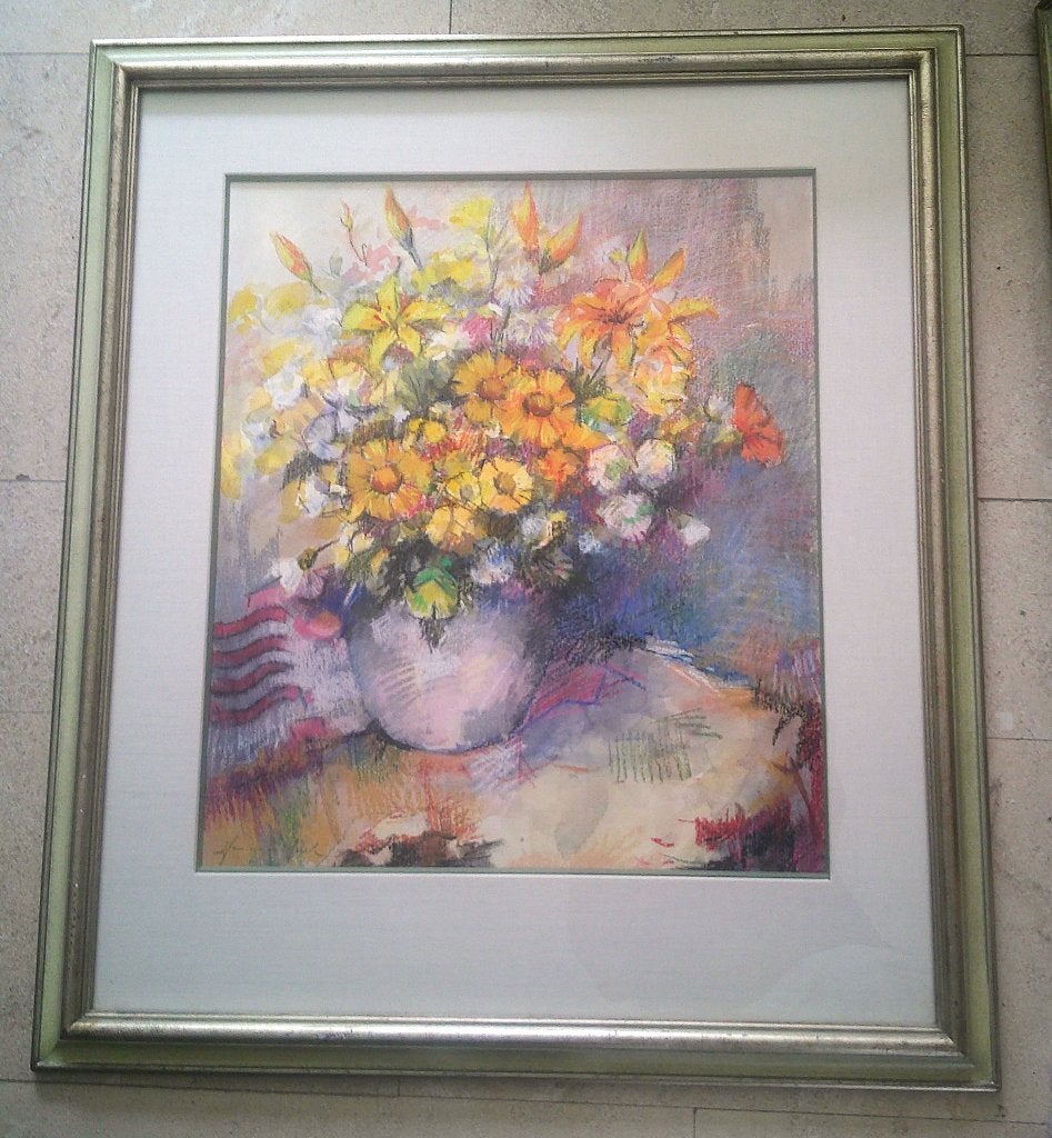 Bloemenweelde in vaas - Jan van den Hurk (1917-2000), Antiek en Kunst, Kunst | Schilderijen | Klassiek, Realistisch, Papier, Pastel