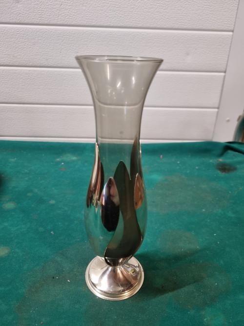 vaas met metalen houder rook glas jaren 50, Ophalen of Verzenden