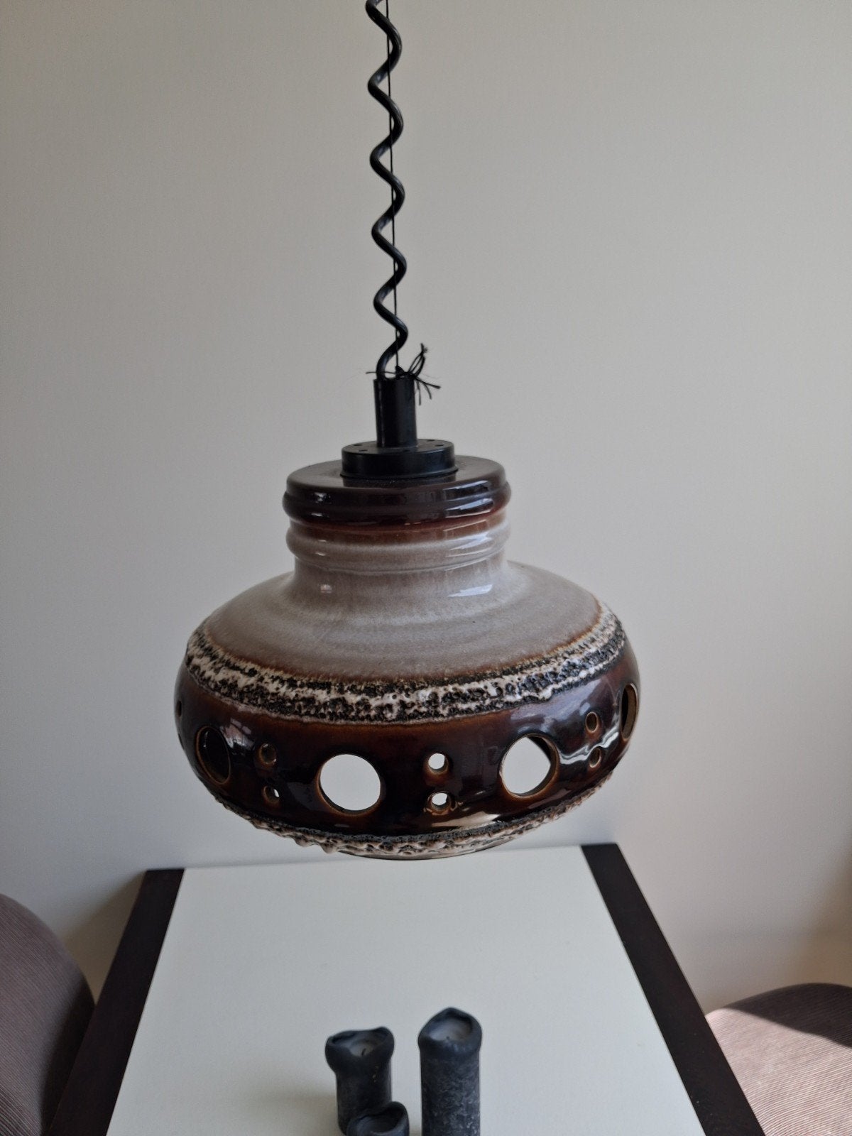 Vintage Fat Lava hanglamp - bruin/beige - 28 cm diameter, Huis en Inrichting, Lampen | Hanglampen, Ophalen, Gebruikt, Overige materialen