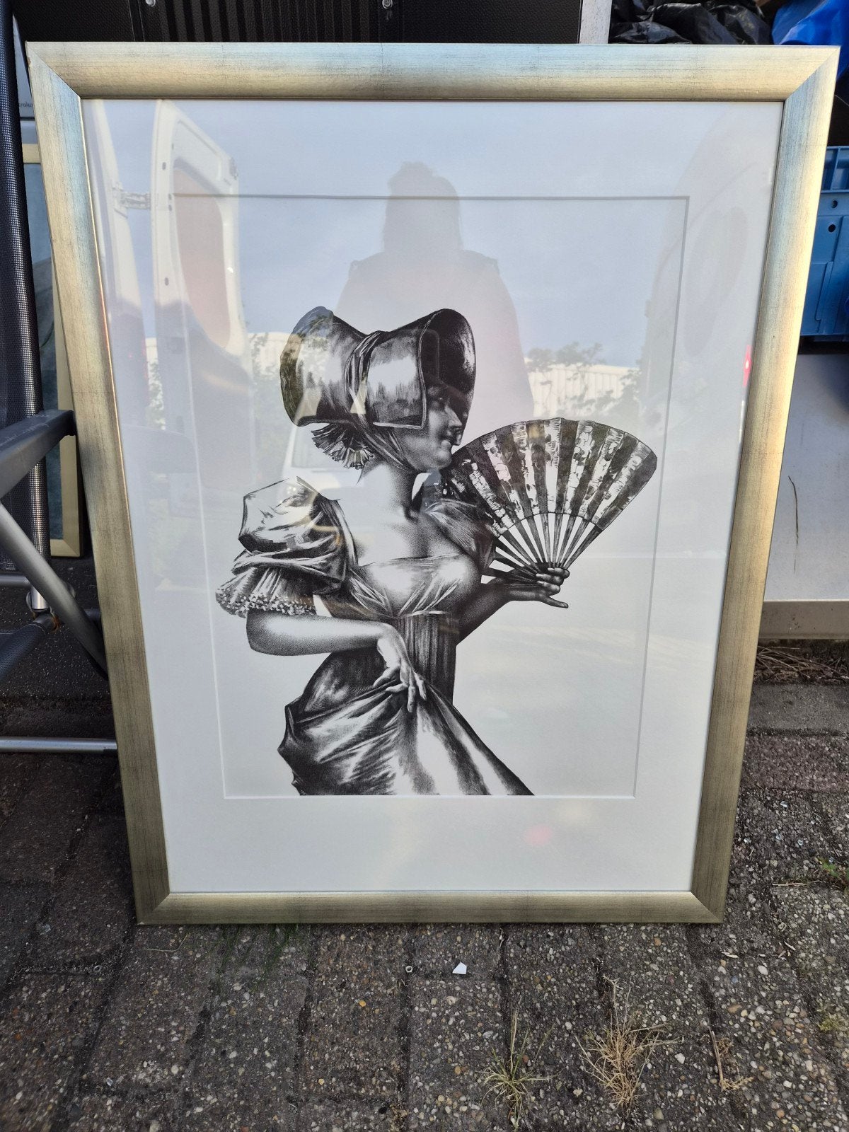 Ingelijste zwart-wit lithografie "Dame met waaier", Ophalen, Ingelijst, 1950 - 1999, Portret
