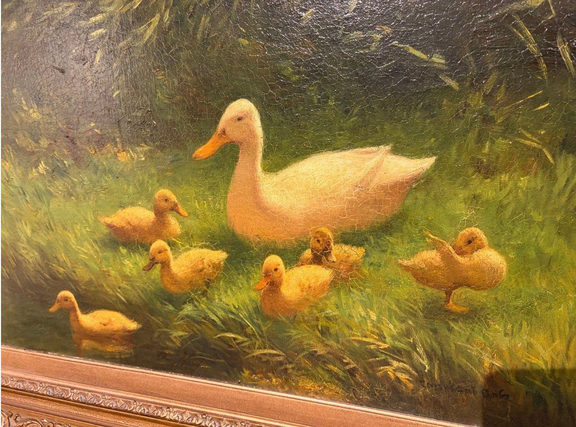 Constant Artz - Eendenfamilie aan de waterkant, Antiek en Kunst, Kunst | Schilderijen | Klassiek, Ophalen, Realistisch, Dieren