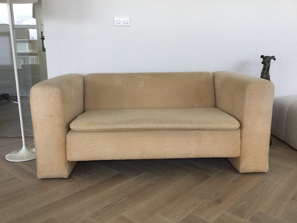 MODERNE 2-ZITS BANK GELDERLAND JAN DES BOUVRIE BEIGE STOF, Ophalen, Gebruikt, 150 tot 200 cm, Modern strak kubus design
