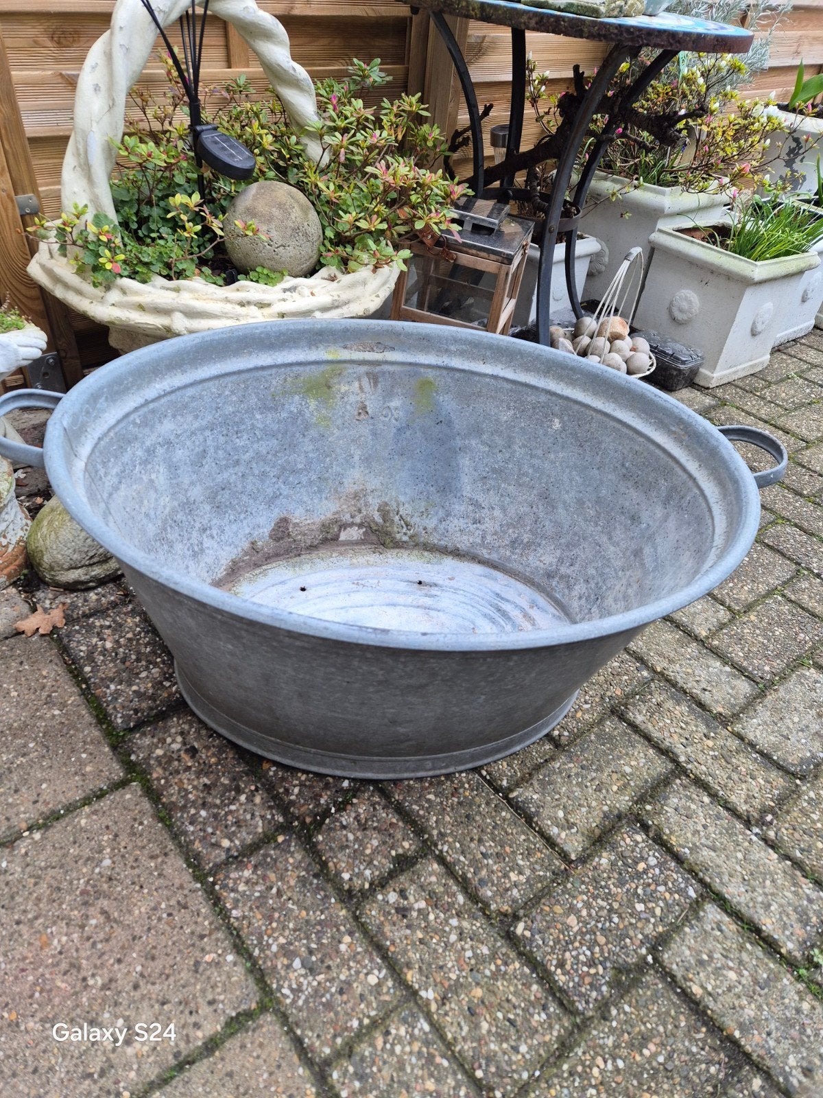 Grote Zinken Kuip - Vintage Plantenbak/Waterbak, Gebruikt, Minder dan 30 cm, Ophalen of Verzenden, Balkon