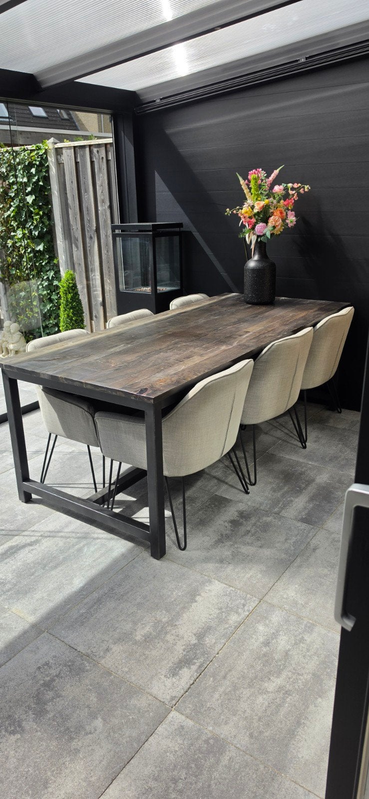 Zwarte Teakhouten Eettafel op Metaal - 2.2m x 1m, Ophalen, Gebruikt, Teakhout, 200 cm of meer
