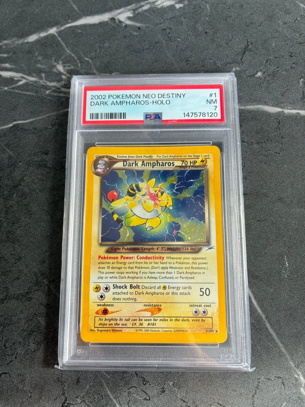 Dark Ampharos Holo PSA 7 2002 Neo Destiny Pokémon Kaart, Ophalen of Verzenden, Zo goed als nieuw, Losse kaart