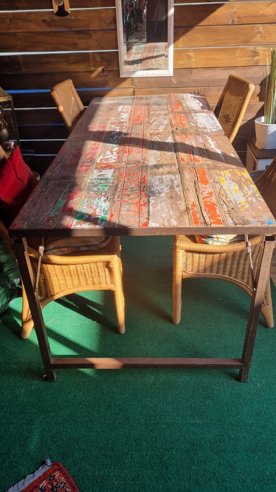 Vintage houten tafel 90x220x80 cm - Uniek en kleurrijk, 200 cm of meer, 50 tot 100 cm, Vier personen, Rechthoekig