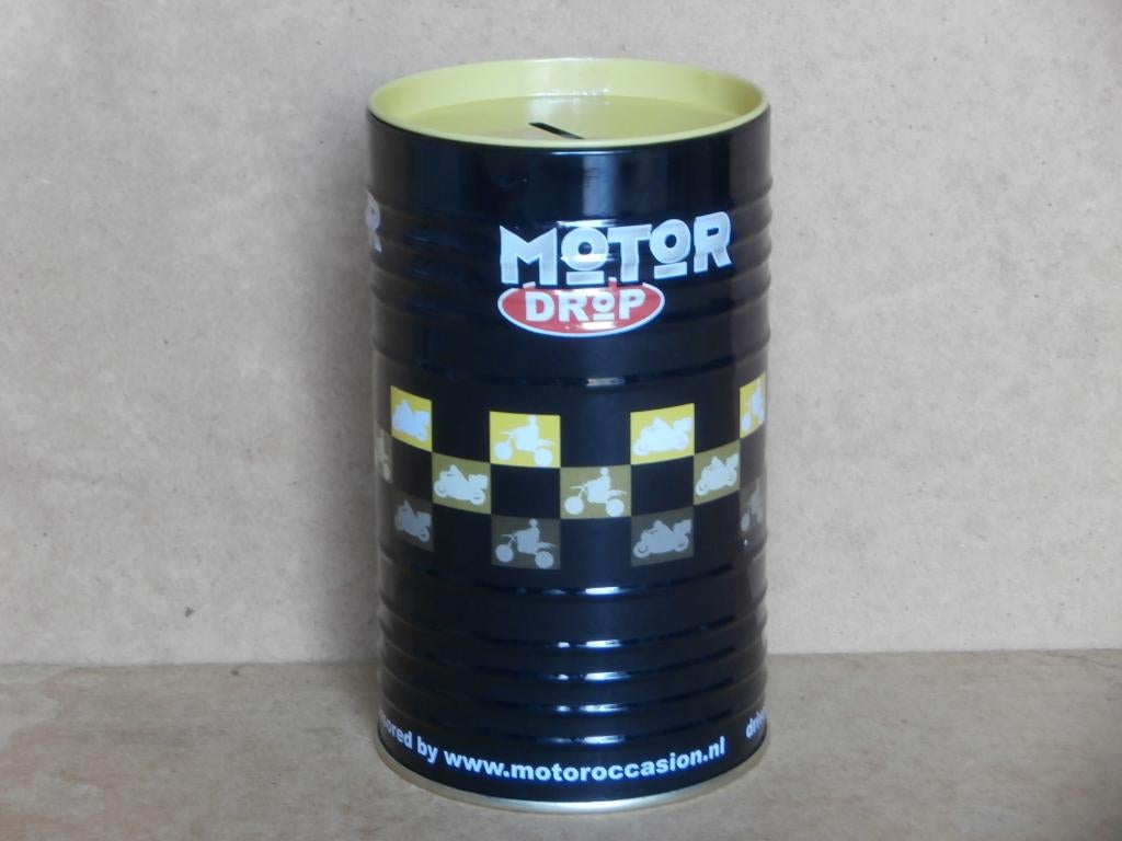 Motor Drop spaarpot ivv jerrycan blikken benzine vat blikje, Verzamelen, Spaarpotten, Zo goed als nieuw, Overige thema's, Metaal of Blik