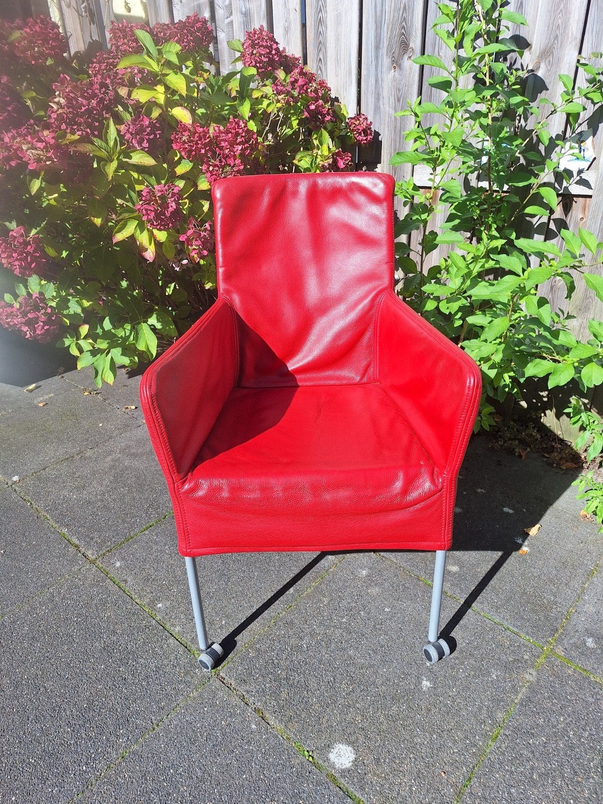 4 rode lederen eetkamerstoelen op wieltjes, Ophalen