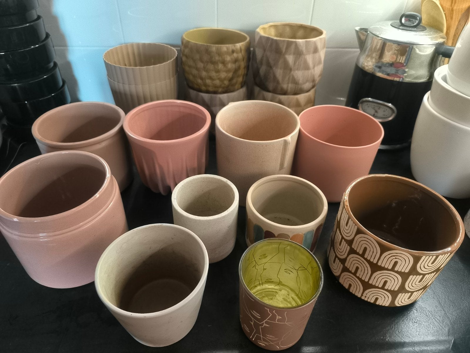 Set diverse bloempotten, Gebruikt, Rond, Ophalen of Verzenden, Aardewerk