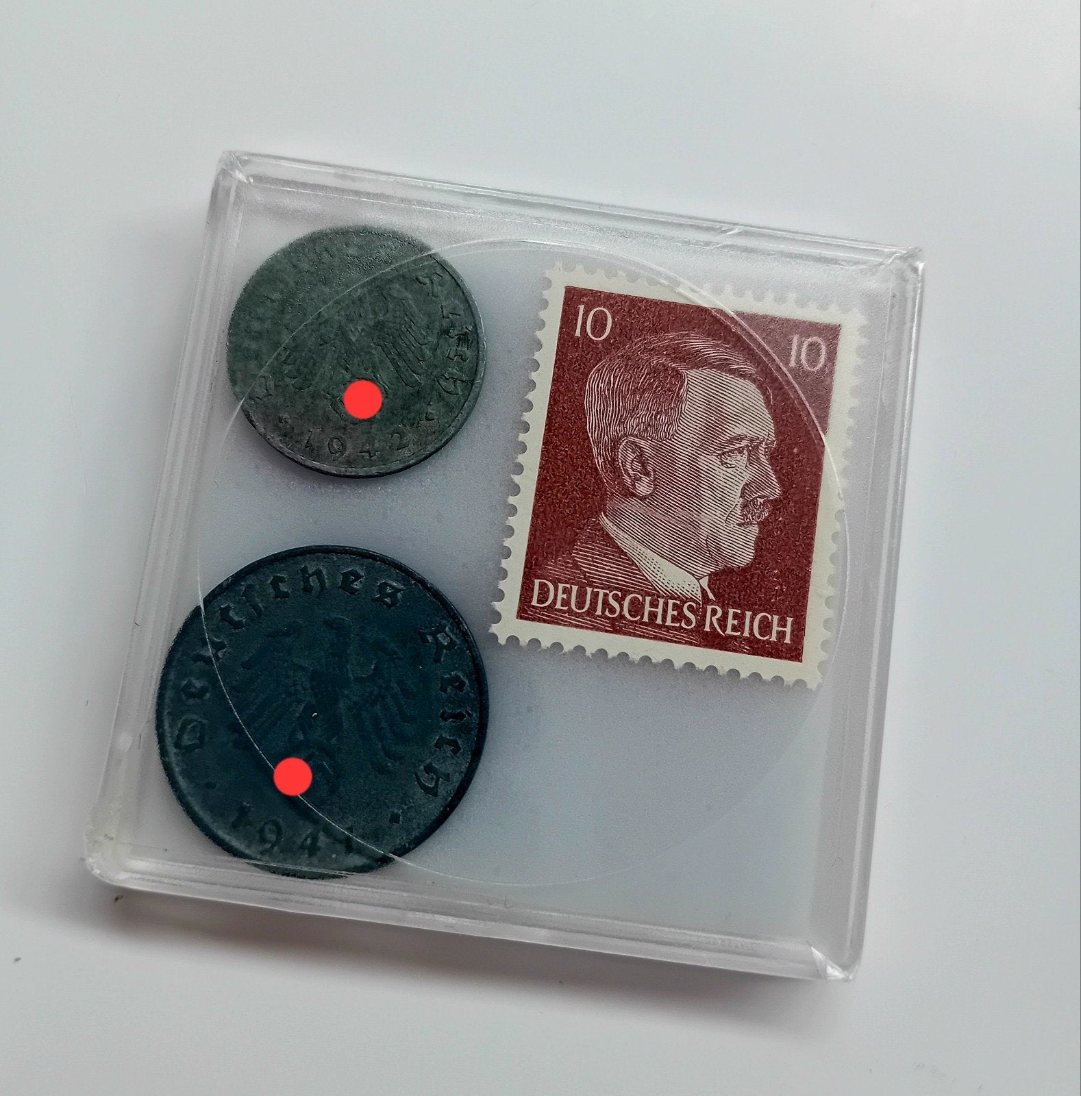 WO2 Set - 1 & 10 Reichspfennig Zink + Postzegel in Case, Postzegels en Munten, Ophalen of Verzenden, Koningin Wilhelmina, Setje