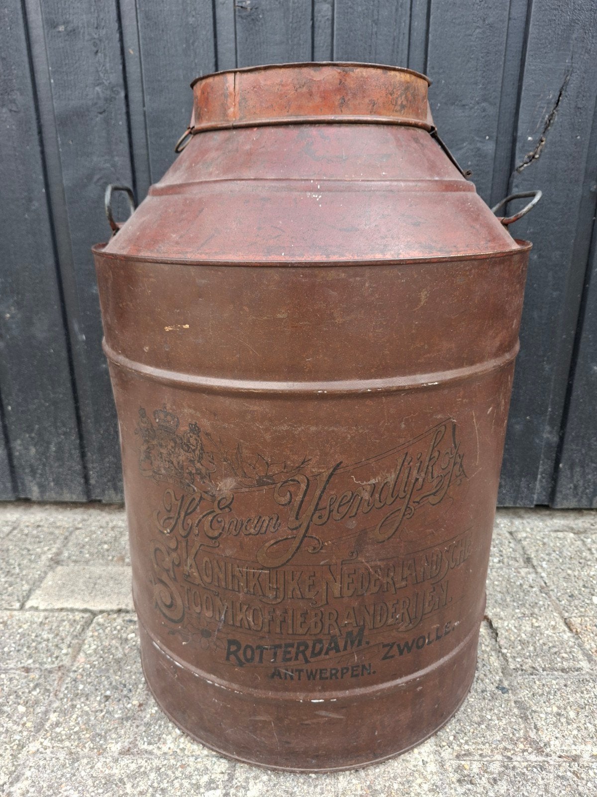 Groot oud koffie blik van H.E. Ijsendijk stoomkoffiebranderi, Verzamelen, Blikken, Ophalen, Gebruikt, Koffie, Overige merken