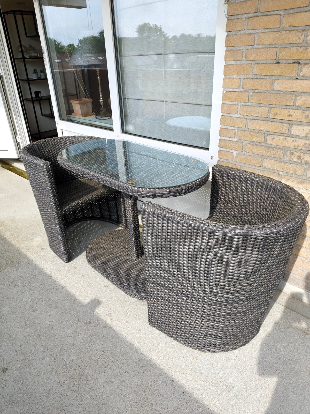 Compacte Wicker Balkonset met Glazen Tafel, Gebruikt, Wicker, Tuinset, Eettafel