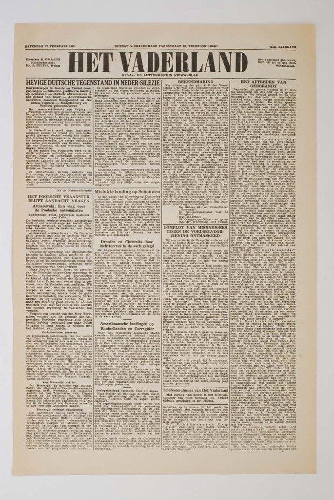 Het Vaderland 17-02-1945 herdruk krant Tweede Wereldoorlog, Zo goed als nieuw, Verzenden, Amsterdam, Overige soorten
