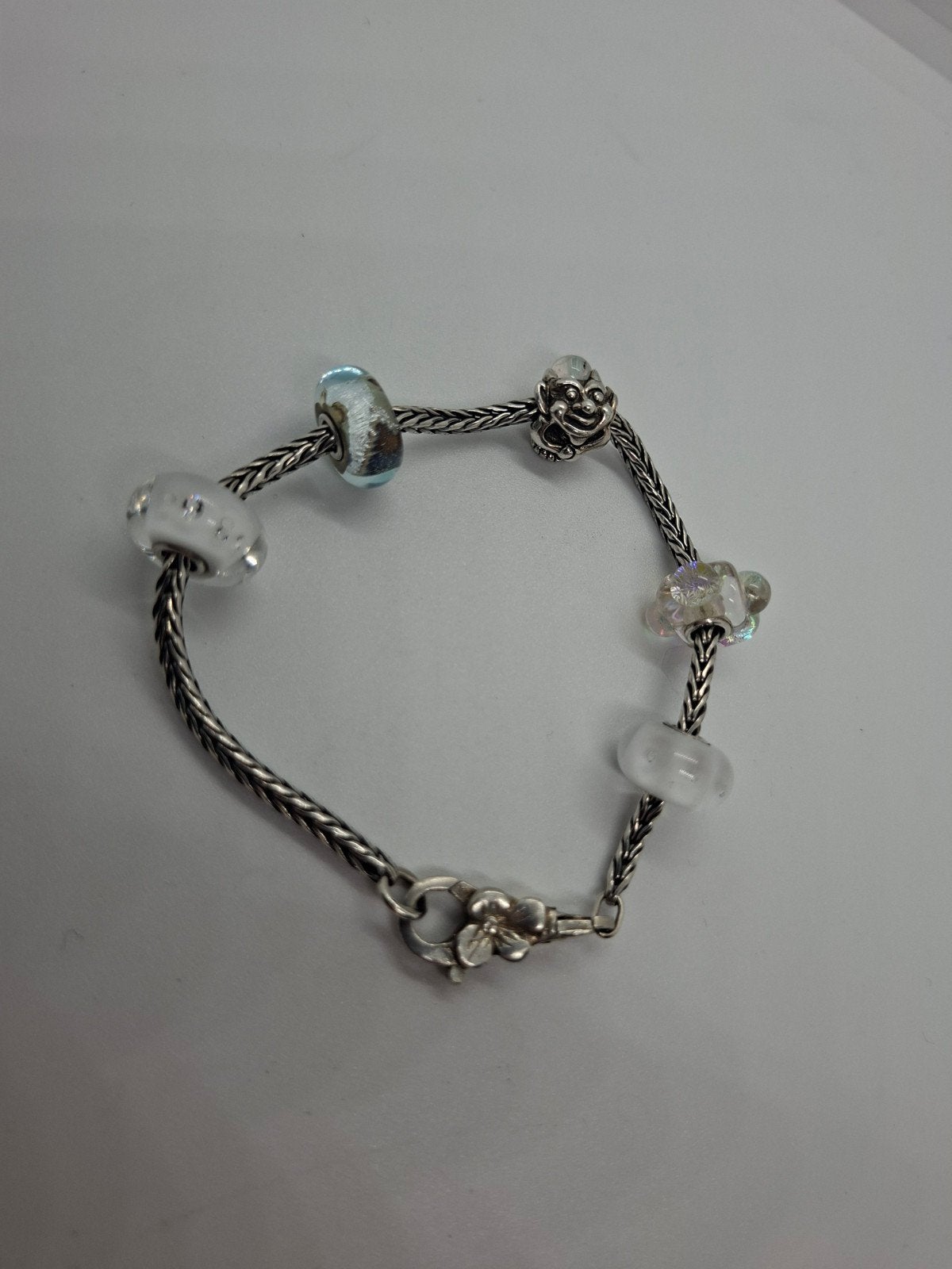 Zilveren Trollbeads armband met glaskralen en trolbedel, Sieraden, Tassen en Uiterlijk, Armbanden, Ophalen of Verzenden, Wit, Zilver
