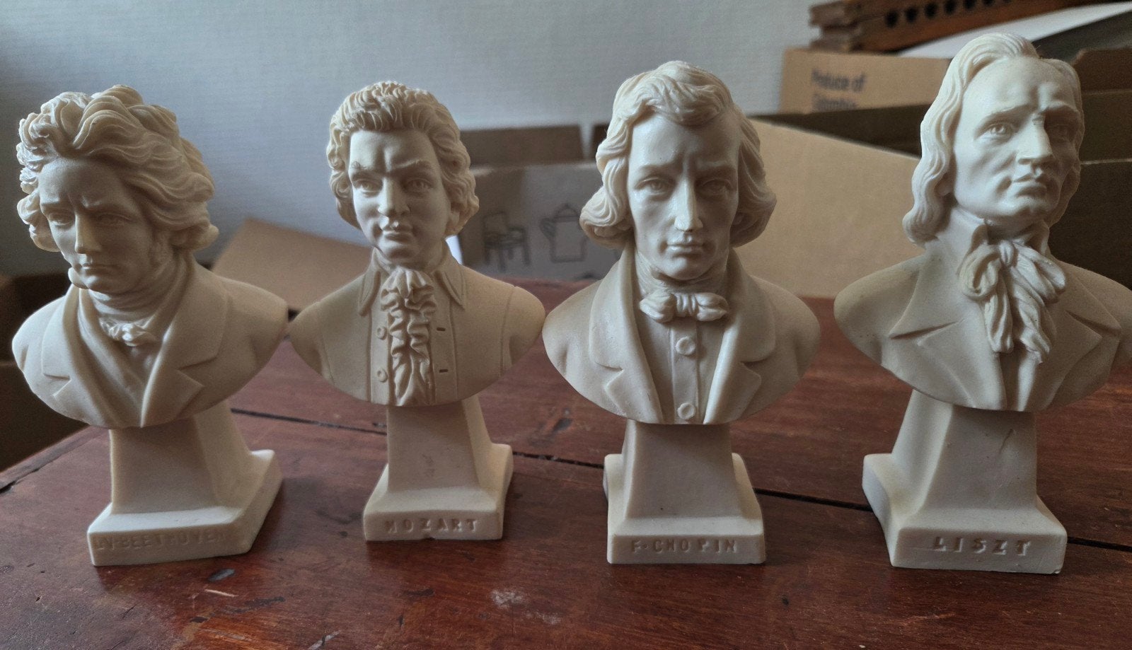Set van 4 Buste Beelden van Klassieke Componisten, Groep mensen, Minder dan 20 cm, Buste, Ophalen of Verzenden