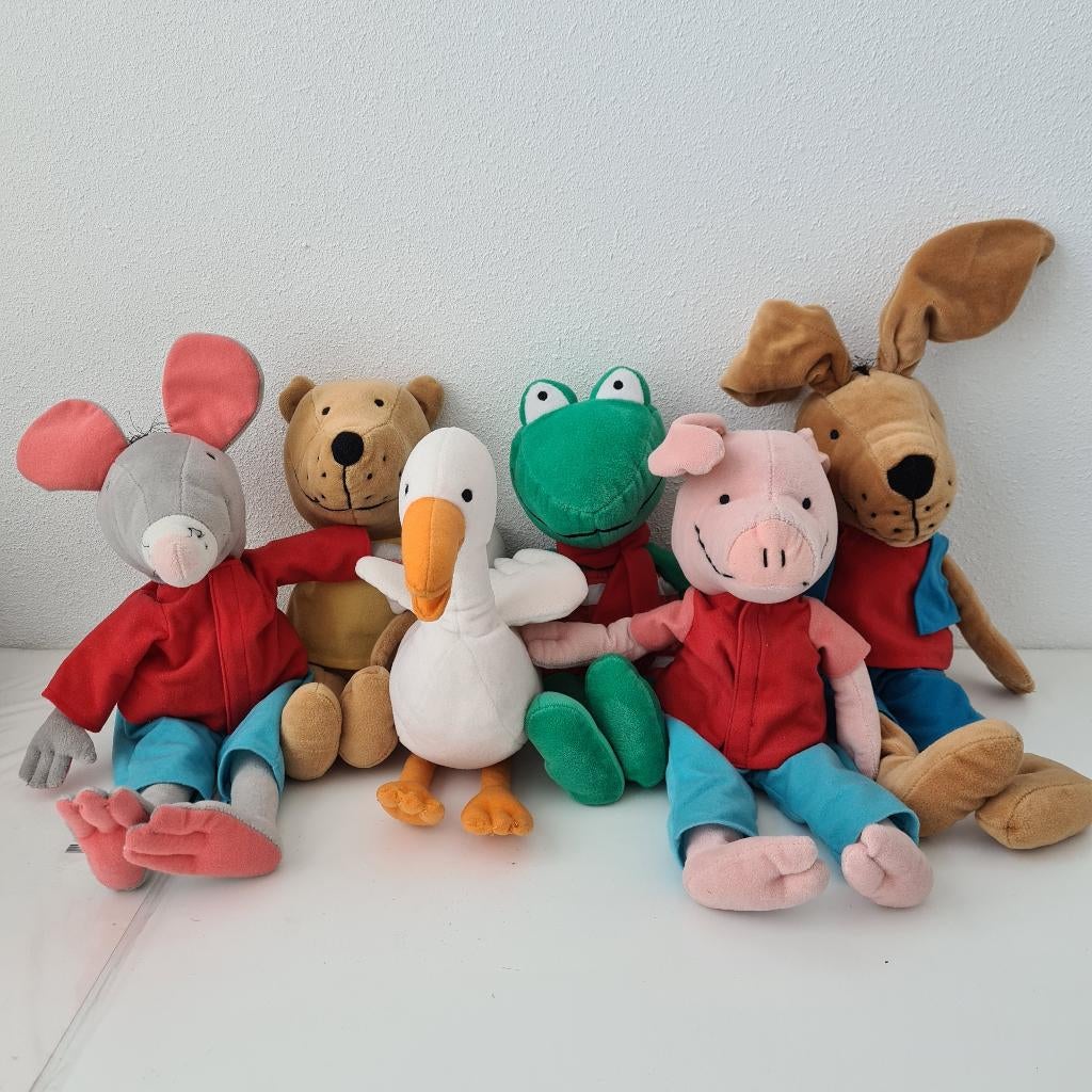 Zes knuffels Kikker, Haas, Varkentje, Beertje, Eend en Rat, Verzenden, Zo goed als nieuw, Meerkleurig, Kikker