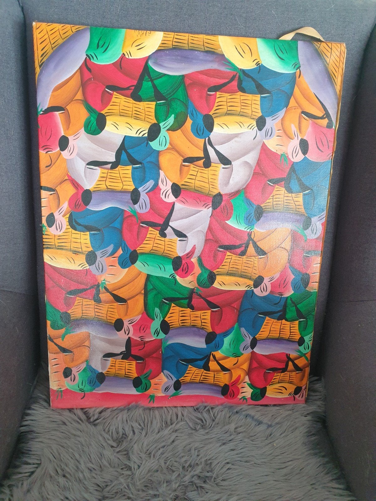 Kleurrijk haiti schilderij van mensen met manden, Ophalen of Verzenden