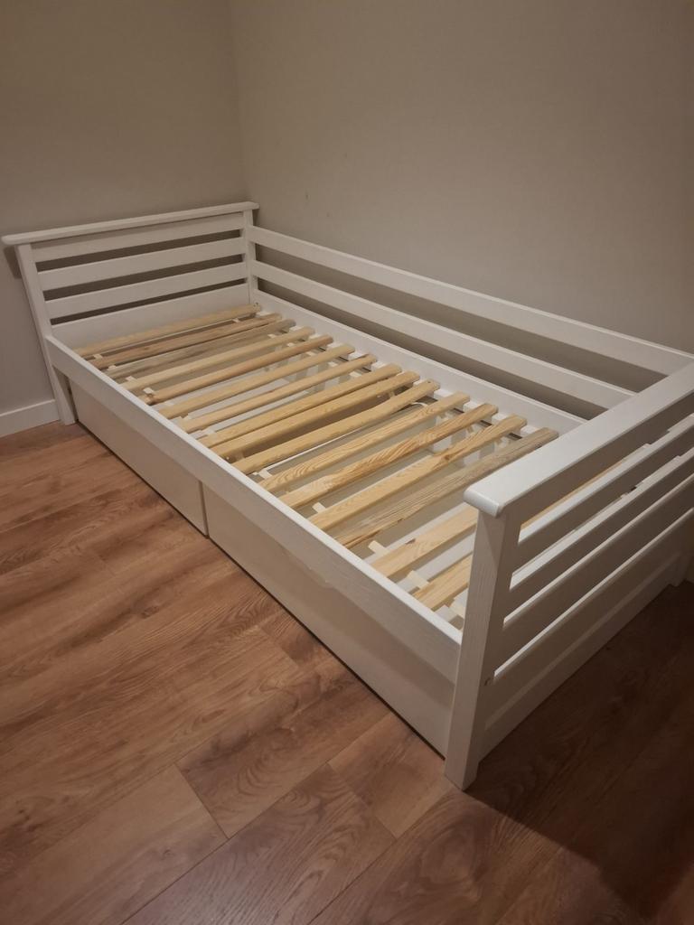 Wit kinderbed met lattenbodem en opberglade, Ophalen, 90 cm, Eenpersoons, Wit