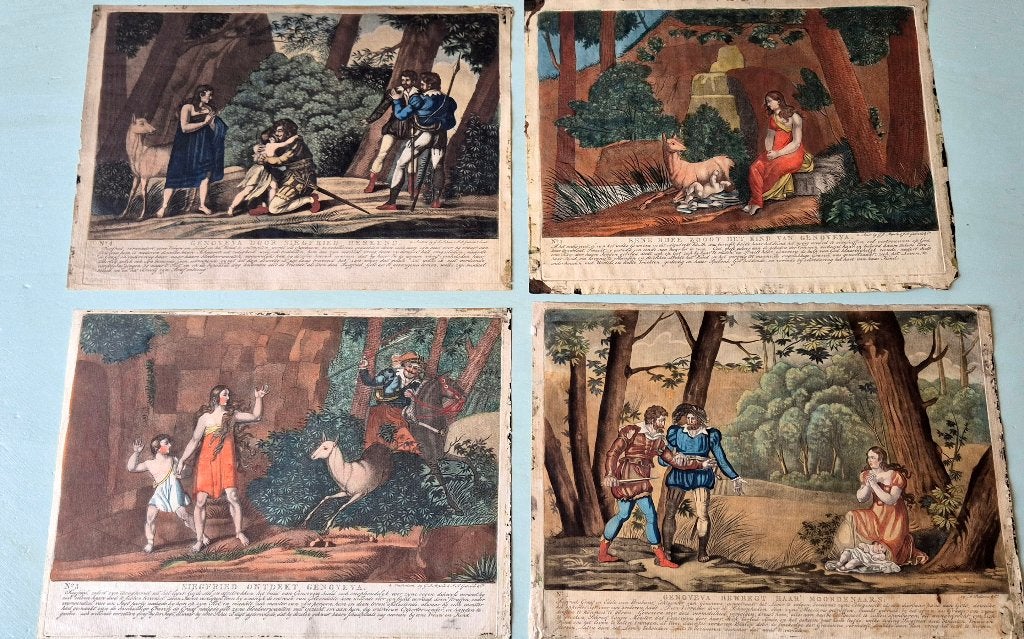 4 Zeldzame handgekleurde gravures 18e eeuw, Antiek en Kunst, Verzenden, Mythologie, Met tekst, Gravure