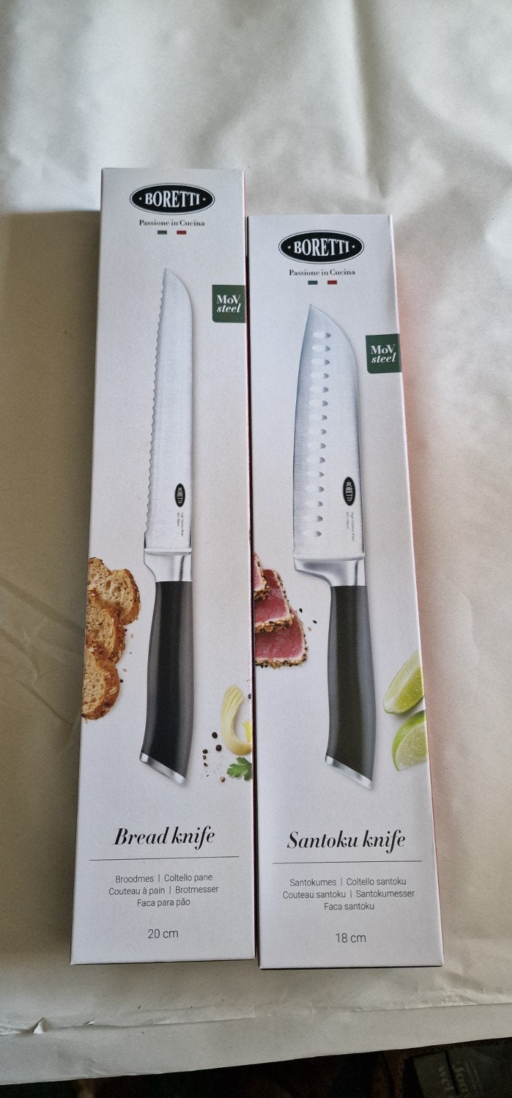 Ah boretti mes messenset messen broodmes en santokumes nieuw, Ophalen of Verzenden, Nieuw