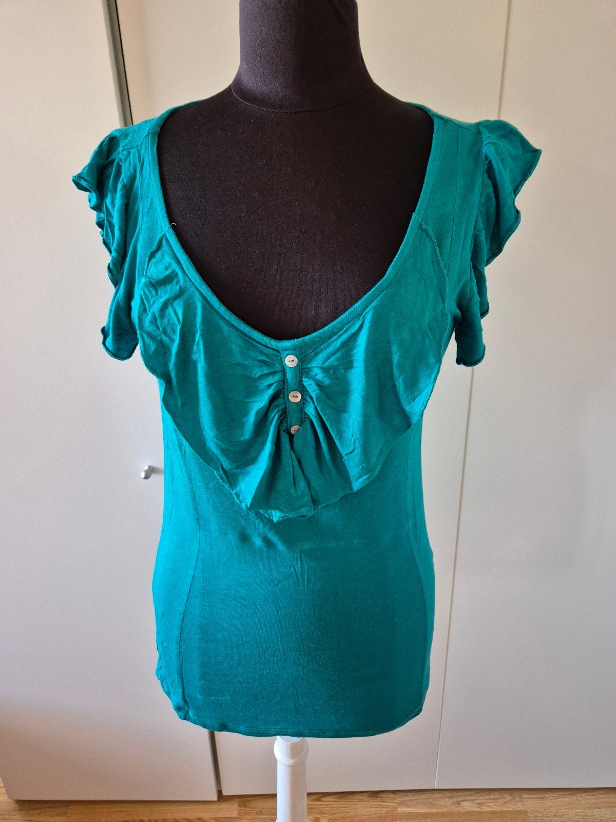 Romantische Petrol / teal top met ruches en knopen - maat L, Ophalen of Verzenden, Maat 42/44 (L)