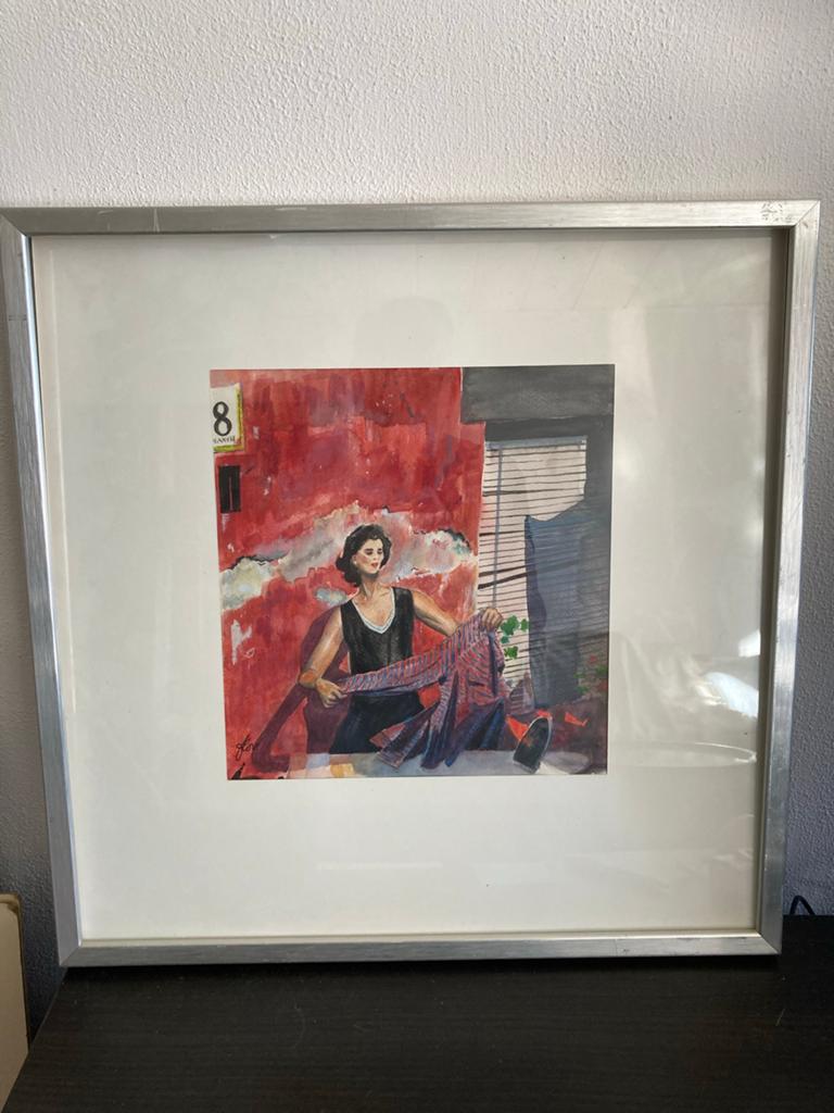 Aquarel "aan de was" Flor Silvester, bekroond graficus, Antiek en Kunst, Ophalen of Verzenden