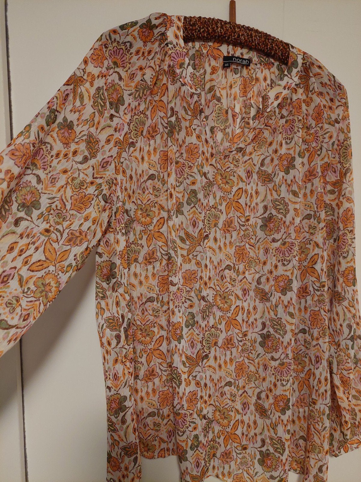 Norah Blouse Maat 46 -Wit/Oranje/Groen Bloemenprint, Maat 46/48 (XL) of groter, Oranje, Ophalen of Verzenden, Zo goed als nieuw