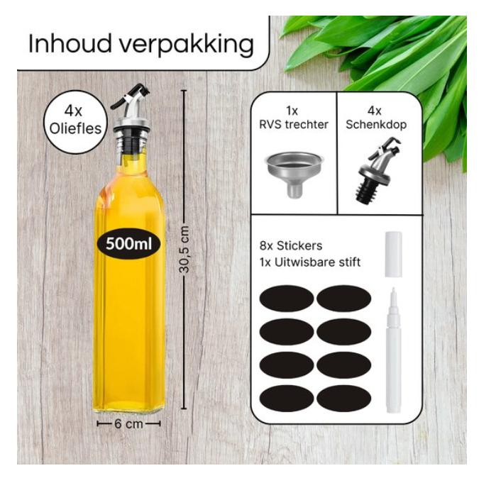 Olieflessen - 4 Delige Set - 500ML: Met Schenktuit -Oliefles, Ophalen of Verzenden, Nieuw, Glas, Wit
