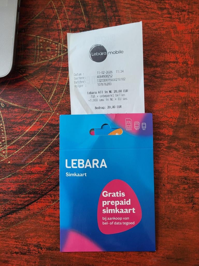 Lebara, pre paid sim card + €20 beltegoed, Telecommunicatie, Prepaidkaarten en Simkaarten, Ophalen of Verzenden, Nieuw, Overige providers