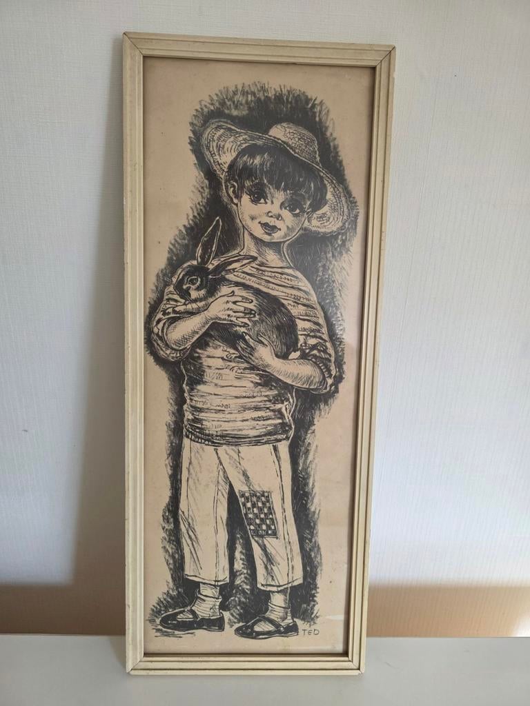 Vintage zwart wit prent Ted jongen met hoed en zijn konijn, Ophalen of Verzenden, Gebruikt