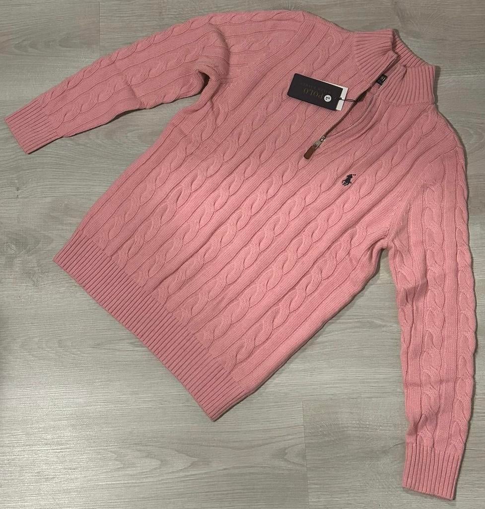 Ralph Lauren Kabeltrui - Roze - Met Rits (Half Zip) - L, Ophalen of Verzenden, Zo goed als nieuw, Maat 52/54 (L), Roze