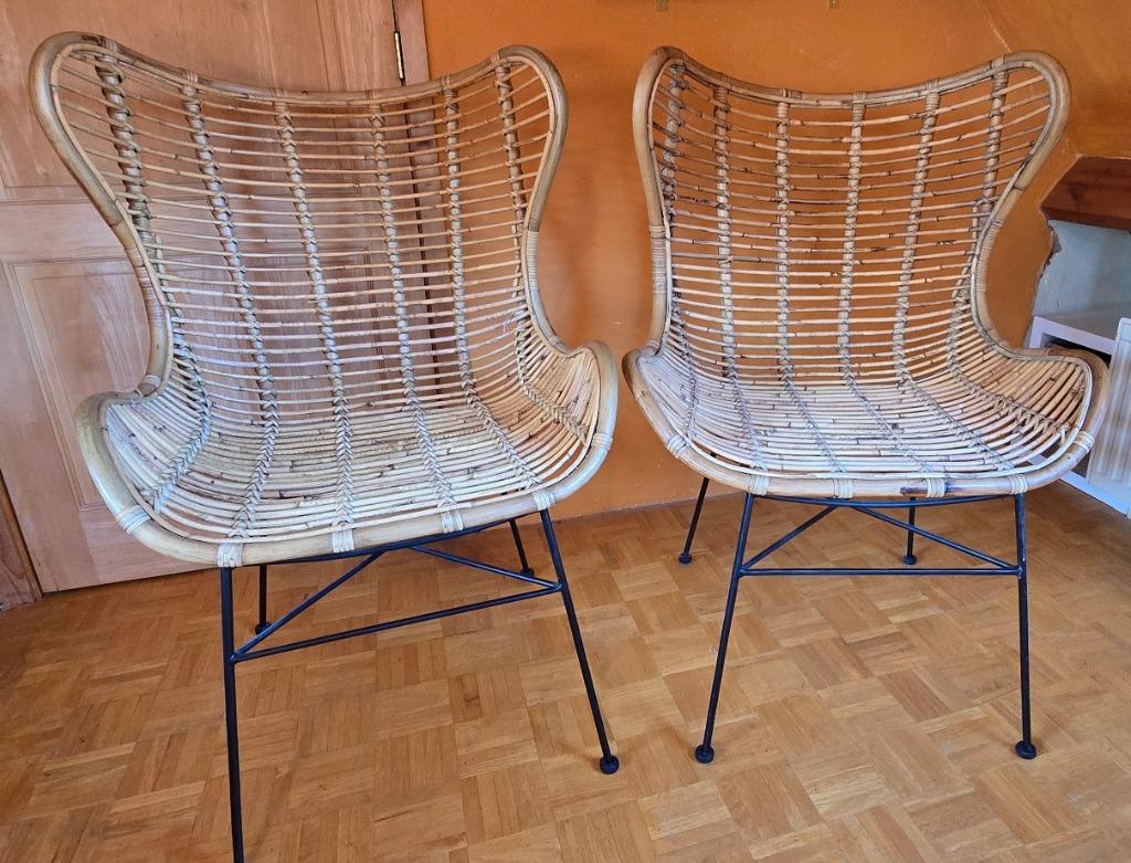 Metalen en natuurlijke rotan fauteuil (2x), Huis en Inrichting, Fauteuils, Ophalen, Minder dan 75 cm, Scandinavisch, Stof