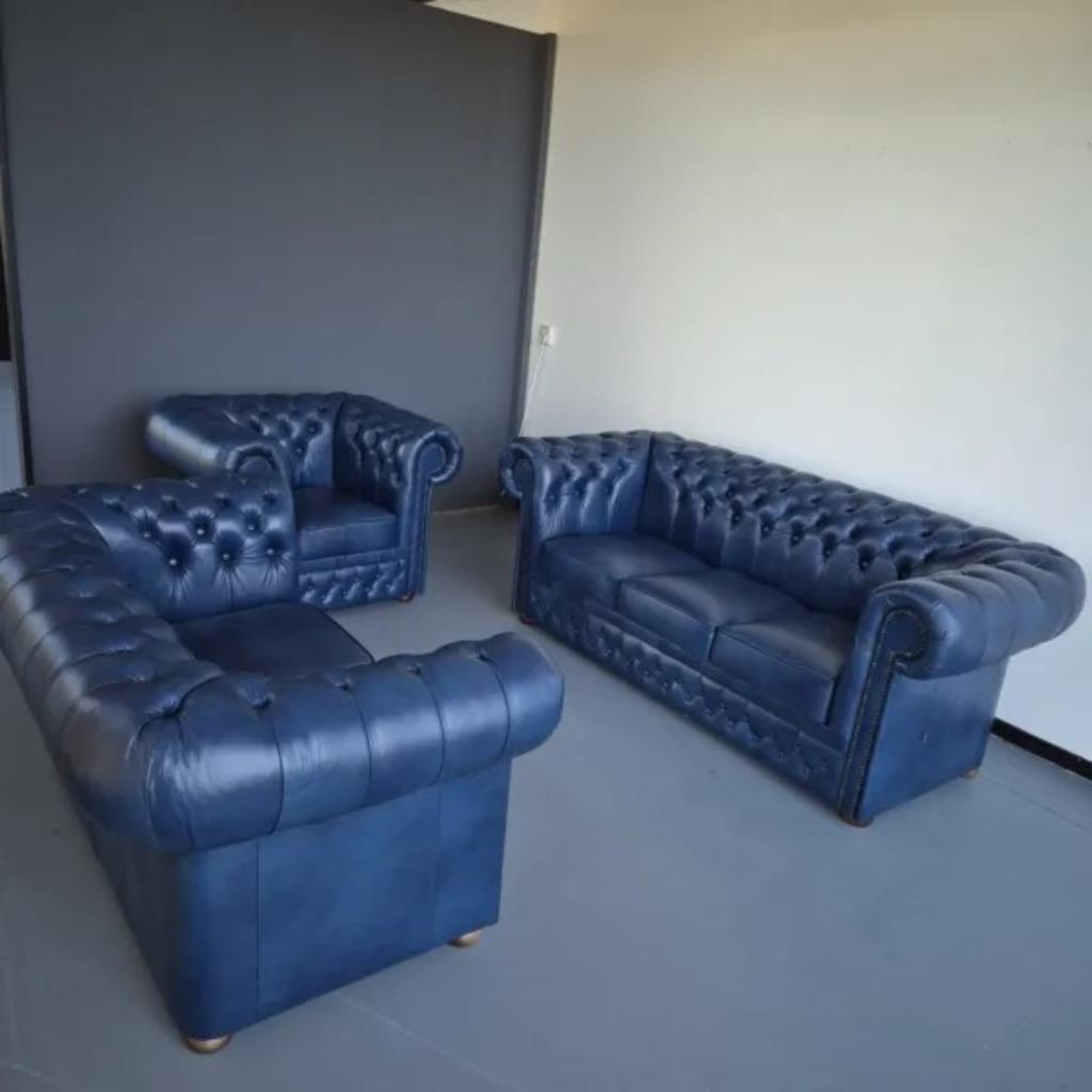 24461 Chesterfield Bankstel Blauw 3-2-1 Leder, Ophalen, Nieuw, Rechte bank, Leer