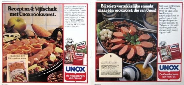 14 vintage advertenties reclames Unox 75-80 eten rookworst, Ophalen of Verzenden, Gebruikt, Overige typen