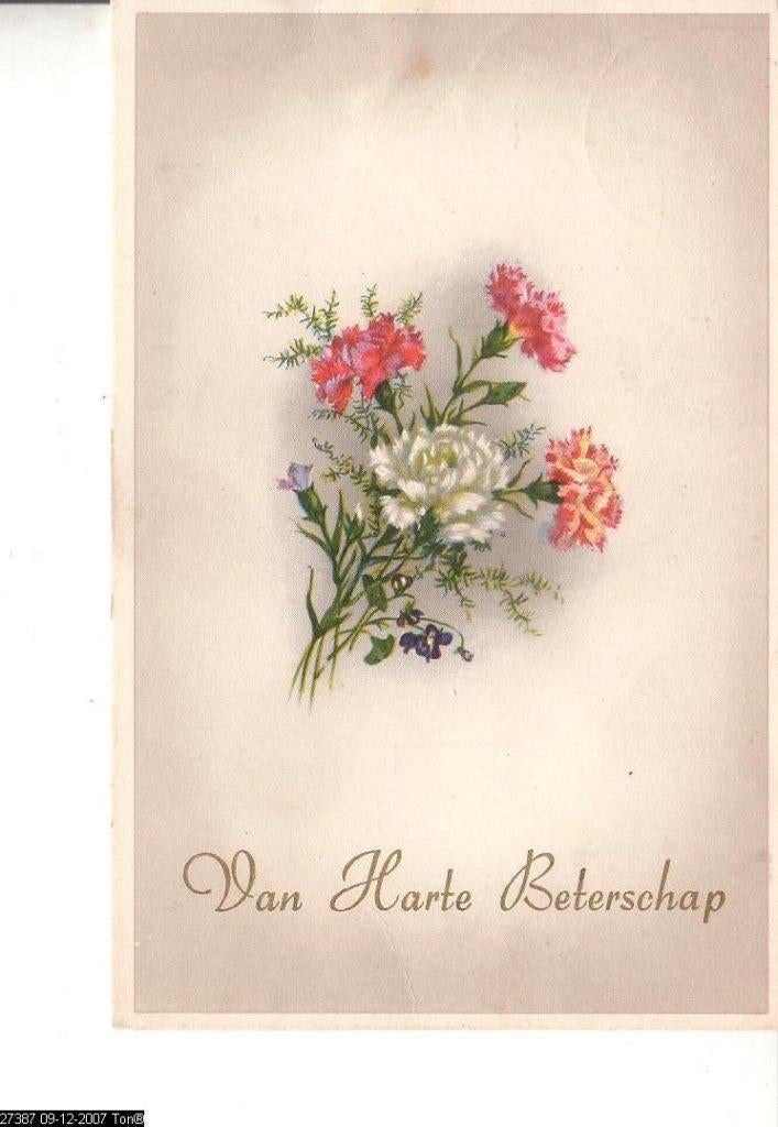 Ansichtkaart	Van Harte Beterschap	Bloemen	Anjers, Verzenden, 1940 tot 1960, Gelopen, Natuur