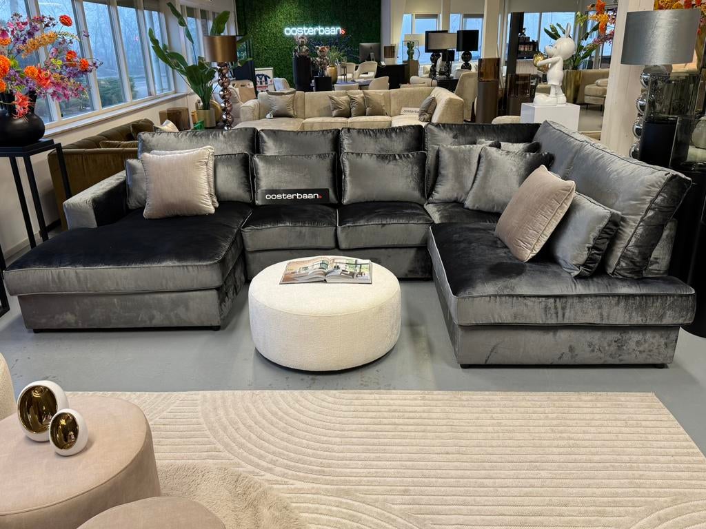 Luxe Velvet U-bank Pocket 170x350x220cm Grijs Grey NIEUW, Info@oosterbaanwonen.nl, Venus 31 8448CE Heerenveen, Hoekbank, Oosterbaan Wonen